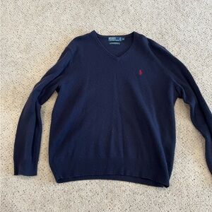 Polo by Ralph Laure.  Men’s V neck sweater. L Large. Navy w/ red pony.